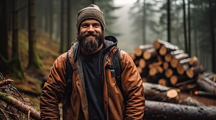 Adult man with a rough and strong appearance, he is a lumberjack in the forest. - obrazy, fototapety, plakaty