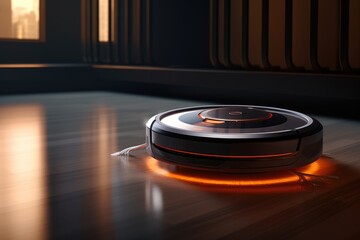 Round black robot vacuum cleaner on a smooth wooden surface in interior.