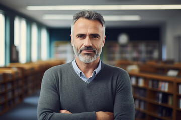 Generative AI concept photo of intelligent handsome male professor on blurred classroom or library background