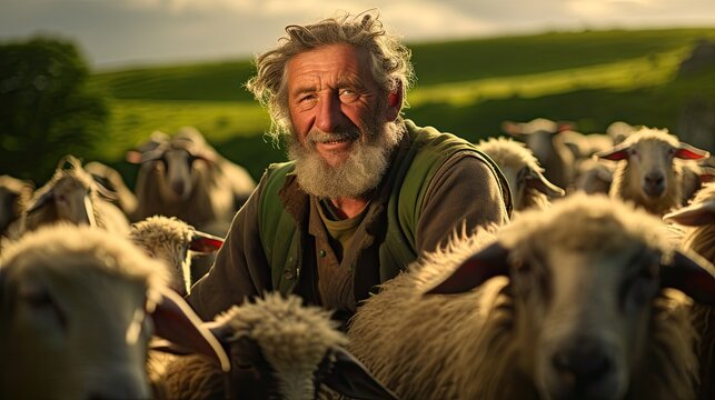 Portrait of a shepherd man with a scruffy and rough appearance, herding the flock of sheep through the meadow.