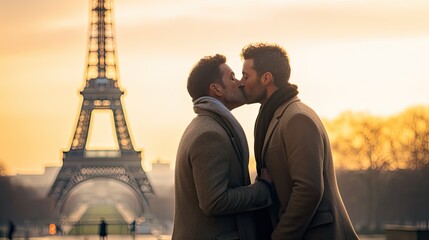 Young men gay couple, kissing on lips with Eiffel Tower from Paris on background. - obrazy, fototapety, plakaty