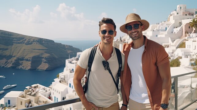 Couple man in love enjoy a trip to Santorini.