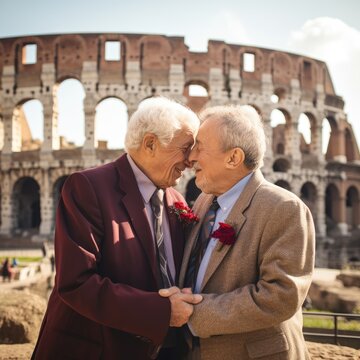Elderly couple men in love enjoy a honeymoon trip to Rome.