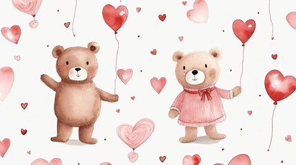 Illustration, simple background of bears with painted hearts, concept of love and Valentine's day.