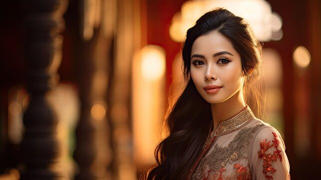 Portrait, handsome young vietnamese woman, dressed with traditional clothing.
