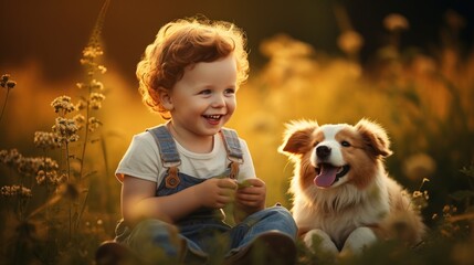 A boy sitting in the countryside with his dog friend - obrazy, fototapety, plakaty