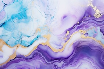 Abstract art featuring purple and turquoise colors, with marble swirls and agate ripples. Luxury natural background with gold glitter. Generative AI