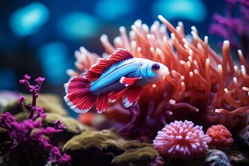 Cute colorful group underwater fish sea ocean aquarium beautiful tropical coral reef. Oceanarium animal wildlife marine ecology panorama water nature snorkel diving ecosystem environmental save planet