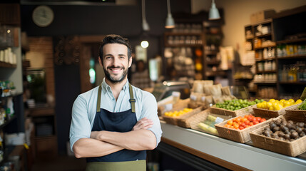 Portrait of happy male shopkeeper standing in a grocery store pose crossed his arms - obrazy, fototapety, plakaty