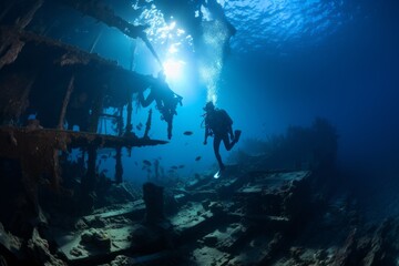 Professional technical scuba free diver wetsuit swimming moves exploring shipwreck plane wreckage underwater coral reef dark cave dangerous diving. Seascape analysis sea bottom ocean wildlife water