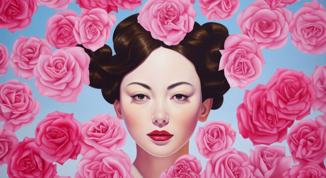 beauty woman person trendy face art peony fashion flower lady rose. Generative AI.