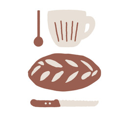  Set of bread, knife and cup. Food hand-drawn vector illustration. Kitchen and cafe elements on the white background