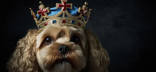 Fotobehang A dog wearing a royal crown on a black background © Andrey Tarakanov