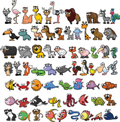 Cute animals collection: farm animals, wild animals, sea animals isolated on white background. Vector illustration design template