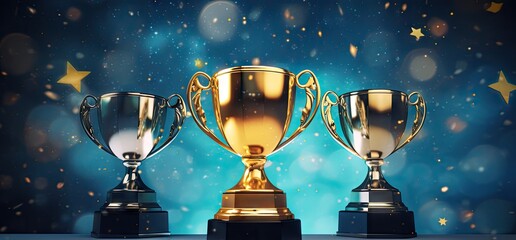 Gold trophy cup on blue abstract background - obrazy, fototapety, plakaty