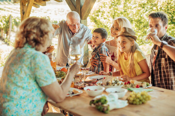 Multigenerational family enjoying a lunch on the balcony of a house in a vineyard in the countryside