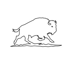 A large black outline wild buffalo on the center. Illustration on transparent background