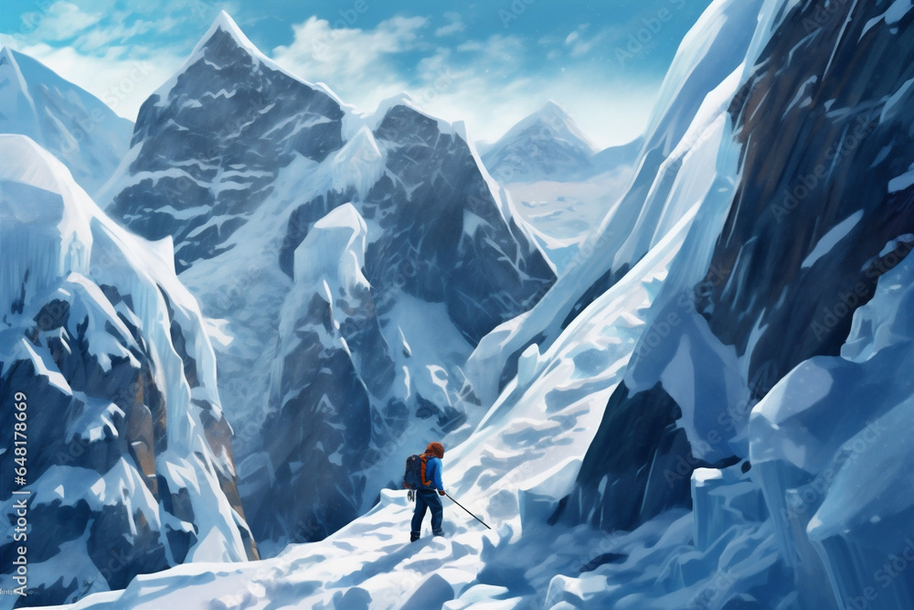 Wall mural group sport landscape hiking winter snow mountain blizzard nature adventure. generative ai.