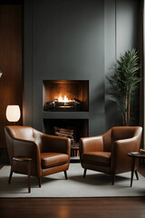 Brown leather chairs and grey sofa in room with fireplace. Mid-century style home interior design of modern living room. Image created using artificial intelligence.