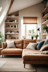 Fototapeta premium Corner sofa against shelving unit, scandinavian home interior design of modern living room in attic in farmhouse. Image created using artificial intelligence.