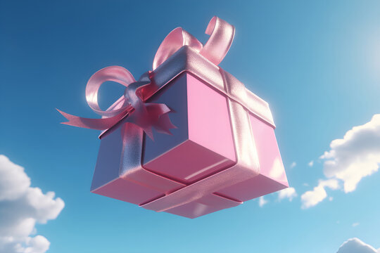 Pink gift box on blue sky background