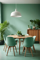 Mint color chairs at round wooden dining table in room with sofa and cabinet near green wall. Image created using artificial intelligence.