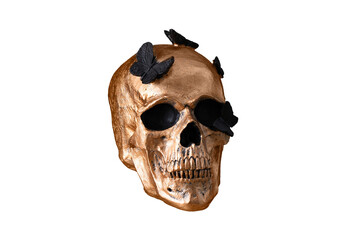 Skull figurine for holiday cut out on transparent background. Golden skull for halloween or day of...