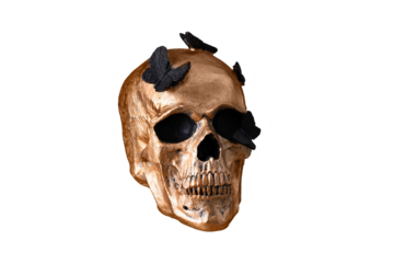 Skull figurine for holiday cut out on transparent background. Golden skull for halloween or day of dead holiday design.