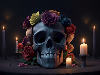 Skull in flowers, burning candles, gloomy background. AI