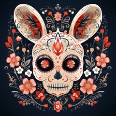 colorful bunny head with fancy pattern Day of the Dead, Dia de los muertos on black background.drawing on a t-shirt