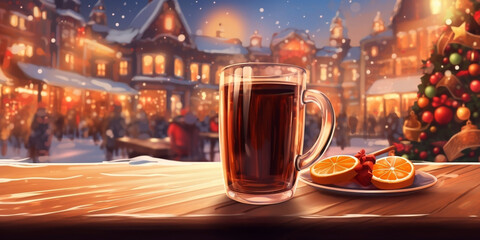 illustration of a mulled wine mug on the table in a christmas fair on the evening of christmas newyear created with generative ai - obrazy, fototapety, plakaty