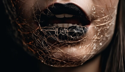 A golden web on the lips.A broken web or mesh covers the mouth.The concept of freedom of speech. 