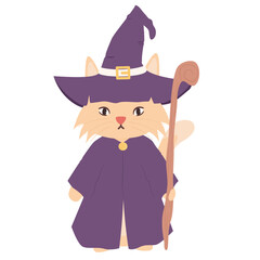 cute hand drawn cartoon character wizard cat halloween vector illustration isolated on white background 