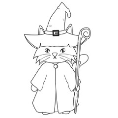 cute hand drawn black and white cartoon character wizard cat funny halloween vector illustration isolated on white background for coloring art