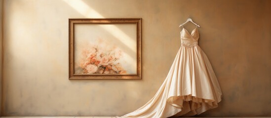 wedding gown exhibited on the wall
