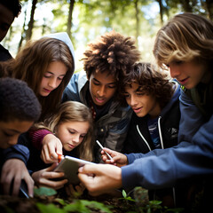 Teenagers group studying nature with the help of technology. Teenagers young boys and girls studying something on the ground, in nature, holding a tablet or a smartphone, collecting information. - obrazy, fototapety, plakaty