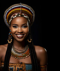 Portrait of a 25 year old beautiful zulu woman. Young African Zulu woman in her 20s smiling to the camera. Traditional African decorations and black background - obrazy, fototapety, plakaty