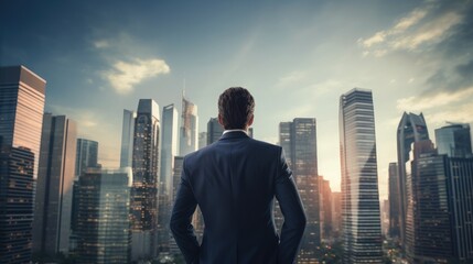 Businessman looking at the skyscrapers of the city. Business concept - obrazy, fototapety, plakaty
