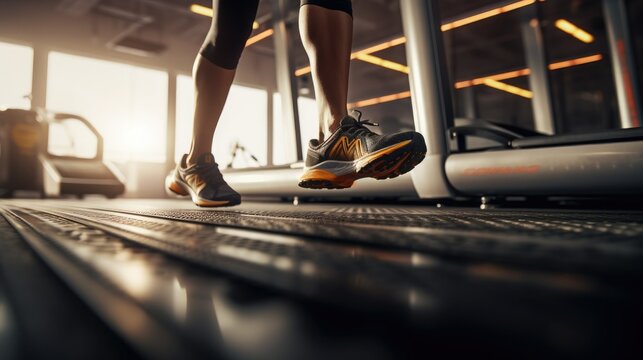 Woman running on a treadmill in a modern gym.