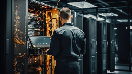 Fototapeta na wymiar Technician working in a datacenter server room