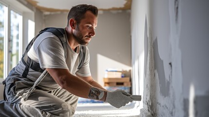 Fototapeta premium Master builder plastering a wall