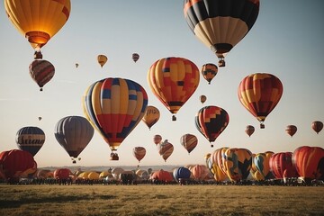  Many colorful hot air balloons are rising or are still on the ground