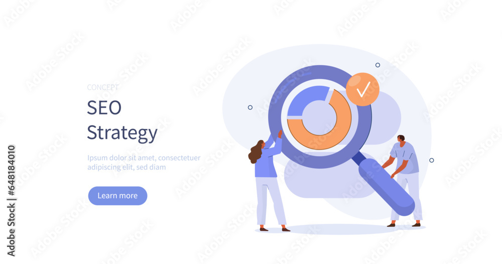 Aufkleber seo optimization. characters analyzing search engine data and planning marketing strategy. digital b