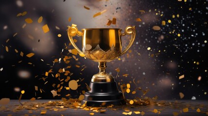 Gold trophy cup on blue abstract background