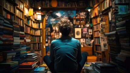 man enjoys a quiet moment, surrounded by shelves filled with books. - obrazy, fototapety, plakaty