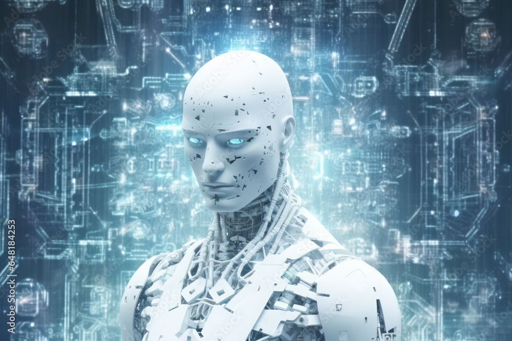 Poster the dawn of ai: futuristic humanoid robot, a glimpse into the next frontier of artificial intelligen