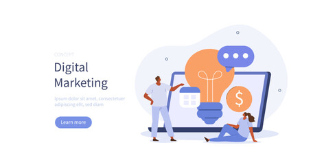 Business activities. Characters working together on project and analyzing business and finance data. Digital marketing concept. Vector illustration.