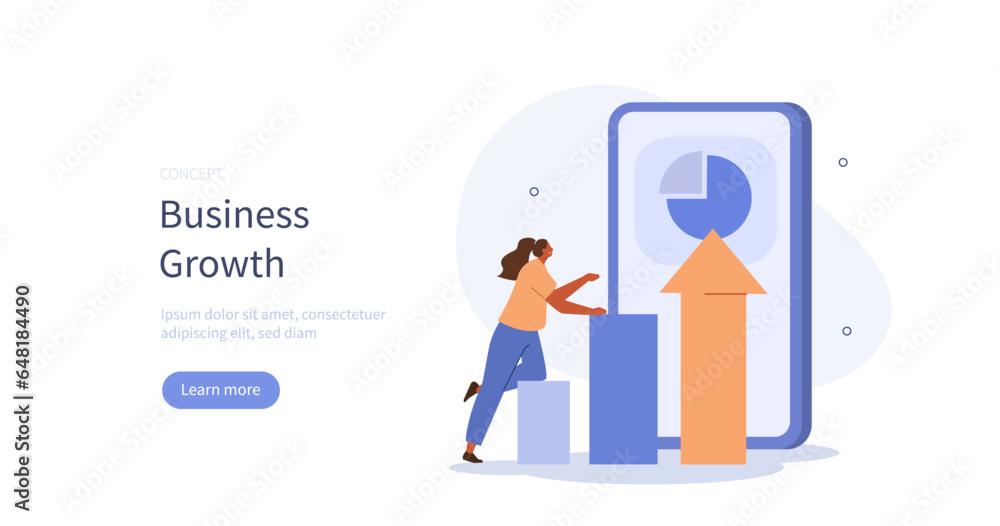 Poster corporate growth. character showing data visualizations for financial statements with charts and gra