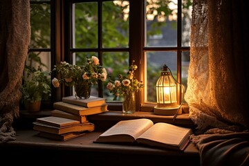 A cozy window nook with books, lamp, and a bookcase, accompanied by a cheerful candle on the sill. Generative AI - obrazy, fototapety, plakaty
