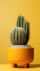 single cactus on pot with yellow background can be use for wallpaper, stories or story